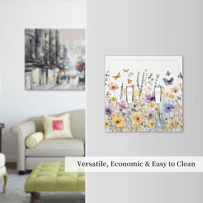 Wildflowers Colorful Flower Butterfly Floral Decorative Switch Plates 2 Gang Double Toggle Outlet Light Switch Cover Wall Plate Electrical Faceplate for Farmhouse Bedroom Decor