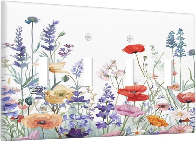 Colorful Floral Purple Lavender Flower Leaves Plants Light Switch Covers Quad Toggle Electrical Faceplate 4 Gang Wall Plate Decorative Switch Plates for Bed Room Living Room Decor