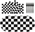 72Pcs Race Car Plates and Napkins, Black And White Checkered Flag Paper Plates and Napkins with Forks Disposable Tableware Set for Race Car Birthday Party Decorations