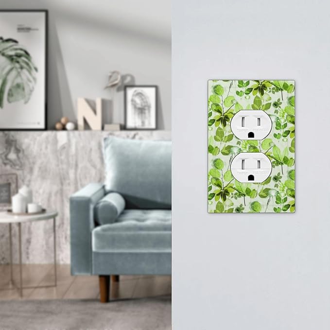 Green Leaves Spring Plant Floral Outlet Covers 1 Gang Duplex Light Switch Cover Decorative Switch Plates Electrical Receptacle Faceplate Wall Plate for Bed Room Living Room Decor