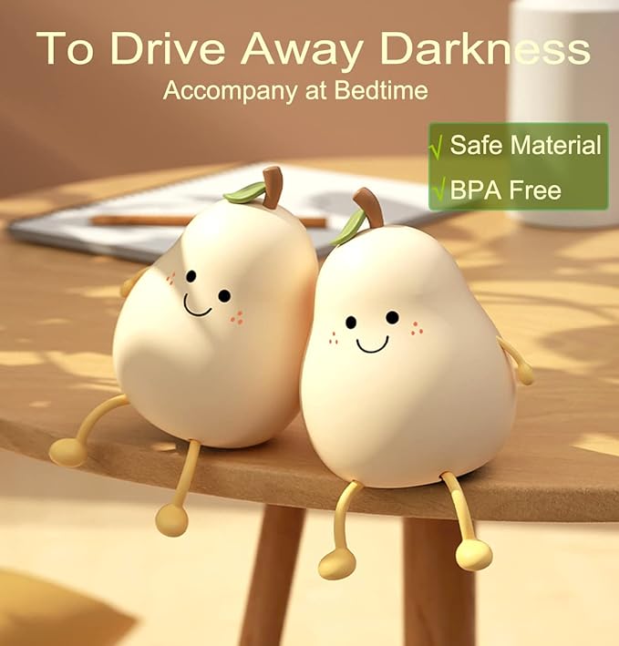 HAPPYBAG Cute Silicone Night Light for Kids,Dimmable Nursery Pear Lamps,Kawaii Room Decor Fruit Night Light Bedside Lamp for Baby and Toddler