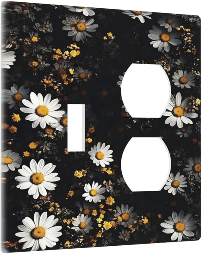 White Black Daisy Wildflower Modern Chrysanthemum Wallplates 1 Toggle 1 Duplex Switch Plate Electrical GFCI Faceplate Decorative Light Switch Covers for Bedroom Farmhouse Decor