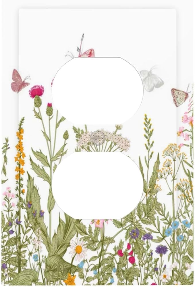 Colorful Butterfly Floral Plants Flower Vine Outlet Covers 1 Gang Duplex Light Switch Cover Decorative Switch Plates Electrical Receptacle Faceplate Wall Plate for Bed Room Living Room Decor