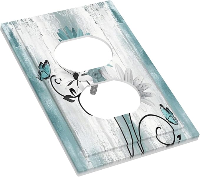 Decorative Outlet Covers Teal Daisy Floral Butterfly Vintage Wood 1 Gang Duplex Light Switch Cover Plate Electrical Switch plates WallPlates Socket Covers for Bathroom Bedroom Decor