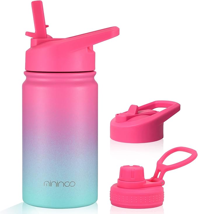 mininoo Insulated Kids Water Bottle for School, 12 oz Stainless Steel with Straw Lid and Chug Lid for Girls, Boys (Punch/Green)