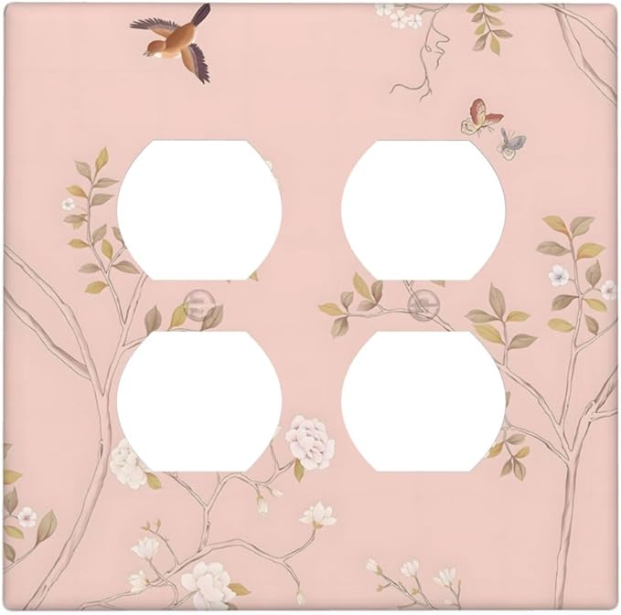Pink Background Flowers Bird Butterflies Floral Outlet Covers 2 Gang Double Duplex Decorative Light Switch Covers Electrical Wallplates Socket Faceplate for Bedroom Living Room Decor