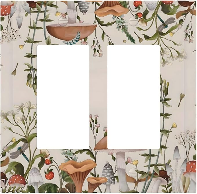 Boho Mushroom Forest Plants Wildflowers Insects Decorative Outlet Covers 2 Gang Double GFCI Rocker Electrical Wall Panels Light Switch Cover Plate for Kids Room Home Decor
