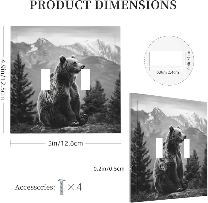 Light Switch Cover Plate Black White Bear Mountain Pine Trees Wilderness 2 Gang Double Toggle Decorative Switch Plates Wall Plates Electrical Faceplate for Bathroom Bedroom Decor