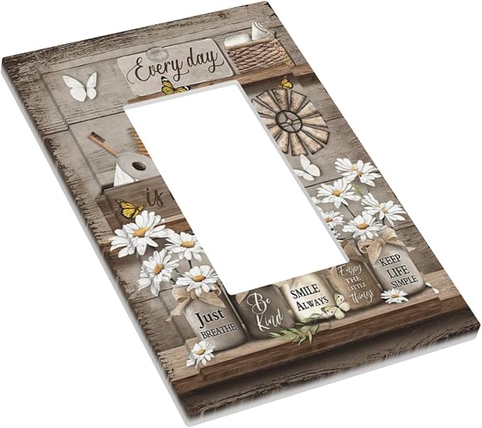 Rustic Daisy Flower Butterfly Inspirational Cottage Decorative Outlet Covers 1 Gang Single Rocker Light Switch Cover Plate Wall Plates GFCI Faceplate for Farmhouse Bedroom Decor