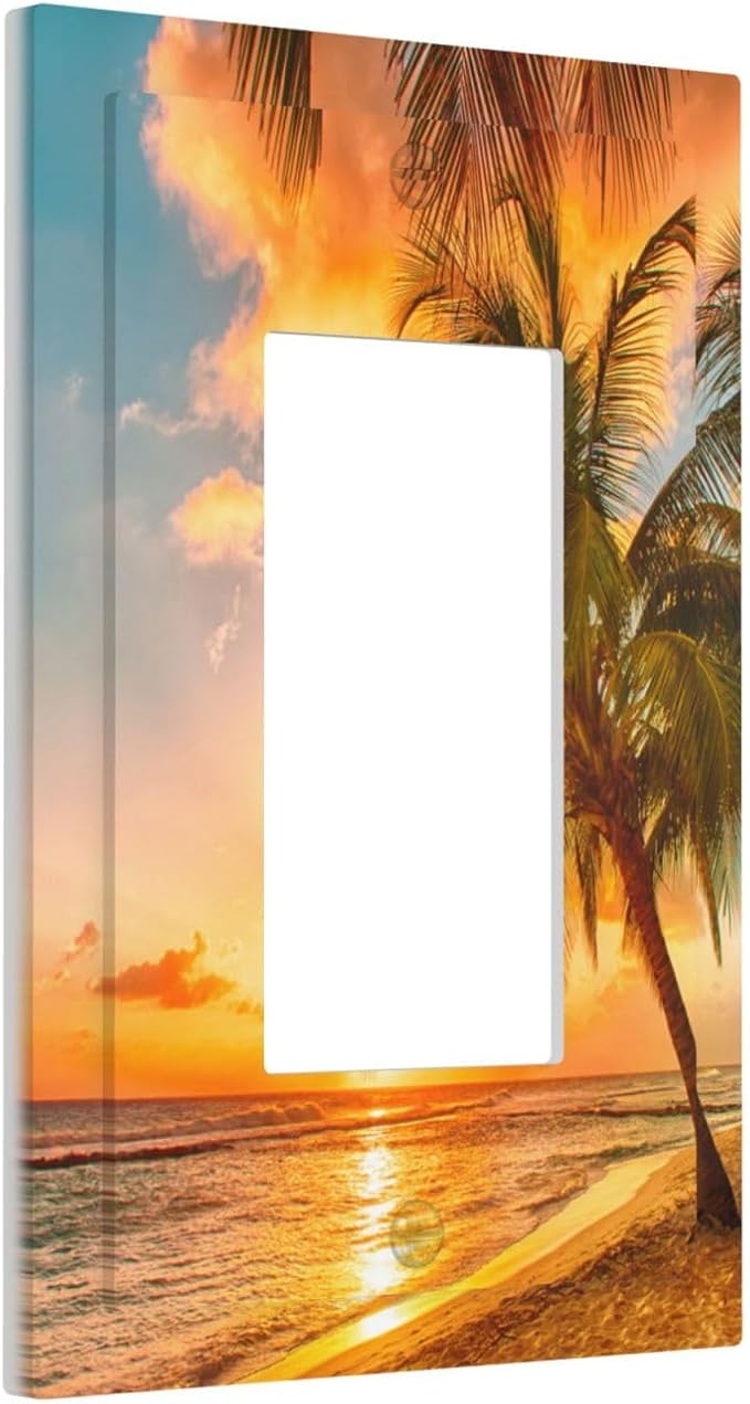 Outlet Covers Sunset Beach Palm Tree Seascape 1 Gang Wall Plate Single Rocker Light Switch Cover Tropical scenery Decorative GFCI Receptacle Cover Electrical Switchplate for Home Decor