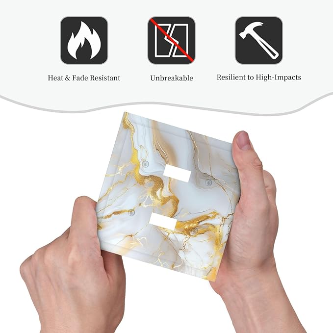 Decorative Switch Plate Cover Abstract Gold Marble Design with White & Gold 2 Gang Wall Plate Unique Double Toggle Double Light Switch Covers for Modern Luxurious Decor