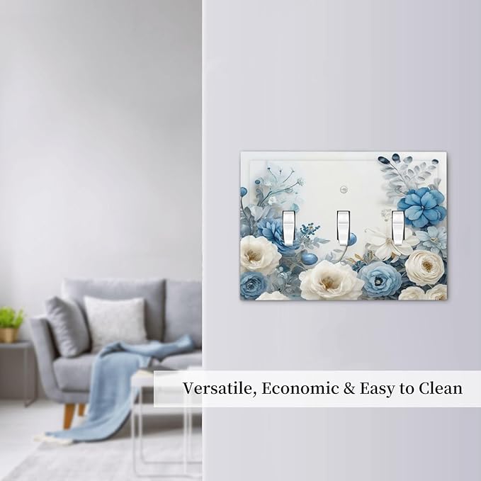 Decorative Light Switch Cover Blue Rose White Flowers Rustic Floral 3 Gang Wall Plate Oversized Triple Toggle Switch Cover Jumbo Electrical Face Plate for Home Decor