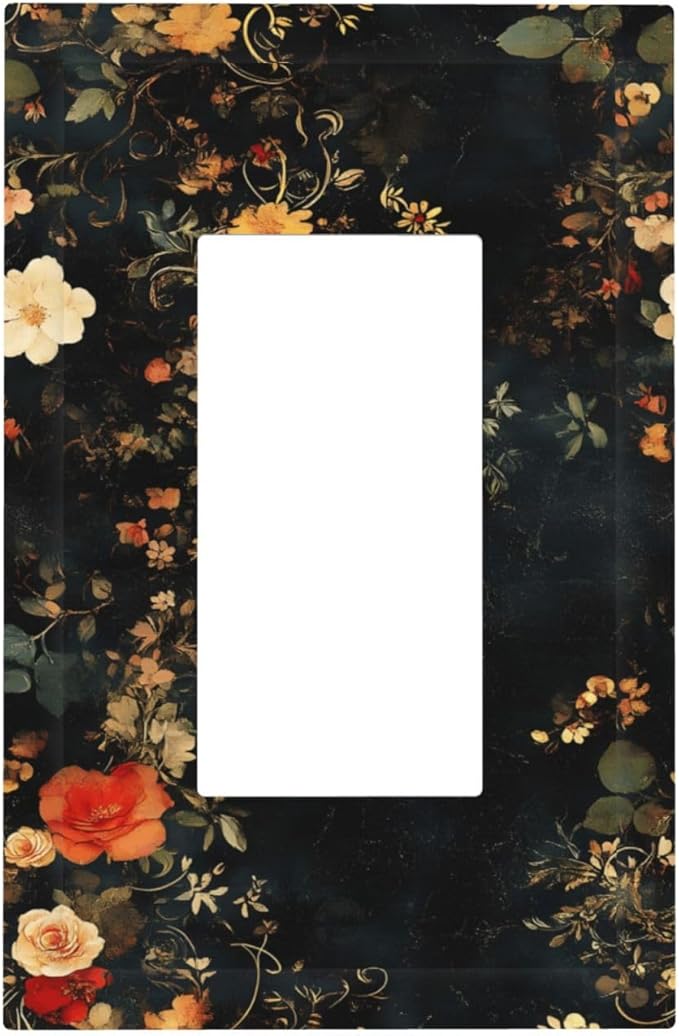 Vintage Orange Pink Black Roses Floral Flower Decorative Outlet Covers 1 Gang Single Rocker Light Switch Cover Plate Wall Plates GFCI Faceplate for Farmhouse Bedroom Decor