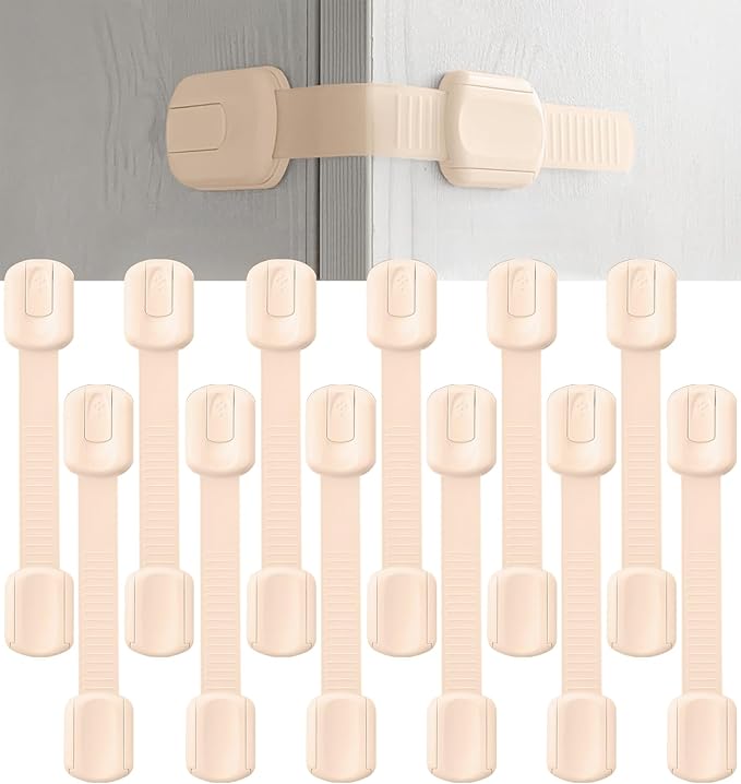 Bate- Child Safety Strap Locks, 12 Pack, Baby Locks for Cabinets, Drawers, Kitchen, Toilet, Furniture, Fridge, Multi-Purpose, Easy Install with Quick 3M Adhesive for Childproofing