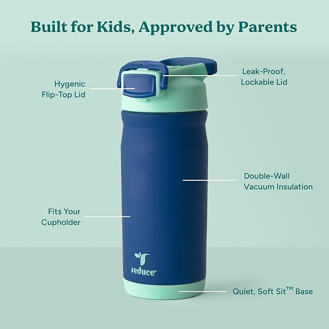 Reduce Hydrate Pro Kids 14oz Stainless Steel Insulated Water Bottle w/Straw – Spill Proof Tumbler for Kids – 30 Hour Cold Retention – Dishwasher Safe Leak-Proof Design - Nautical Mist