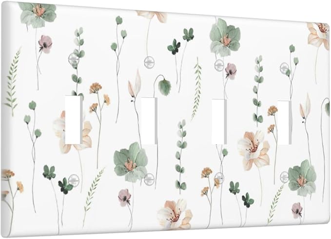 Light Switch Covers Watercolor Floral Botanical Flowers Quad Toggle Electrical Faceplate 4 Gang Wall Plate Decorative Switch Plates For Living Room Bed Room Decor