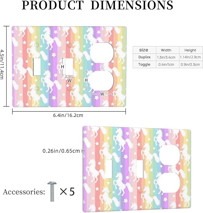 Rainbow Colorful Unicorn 3 Gang 2 Toggle 1 Duplex Combination Decorator Light Switch Outlet Cover Wall Plate, Cute Girls Kids Dream Fantasy Animals Triple Device Combo Receptacle Switch Face Plate