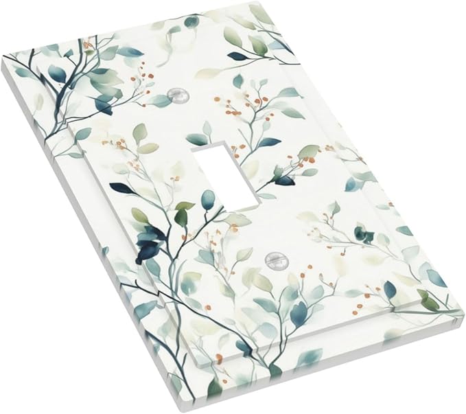 Watercolor Floral Green Leaves 1 Gang Light Switch Cover Single Toggle Wall Plate Green Botanical Flowers Decorative Electrical Switchplate Covers for Bedroom Kitchen Living Room Decor