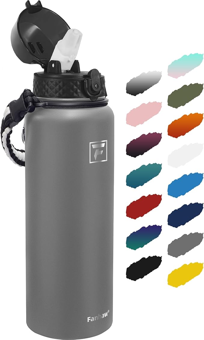 Fanhaw 40 oz Insulated Stainless Steel Water Bottle with Straw Lid, Leakproof Extra-Large Sports Bottle for Men & Women (Gray)