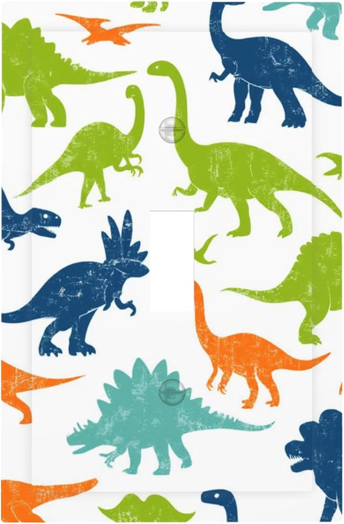 Colorful Dinosaur 1-Gang Toggle Light Switch Plate, Cute Dino Friends Decorative Wall Plate for Teen Boys Bedroom Playroom Decor