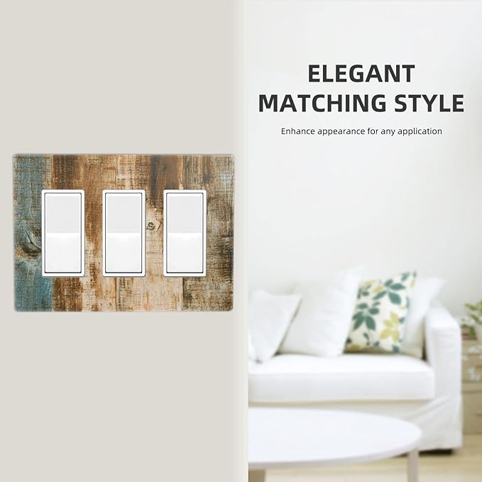 Brown Wood 3 Gang Triple Rocker/Decor Light Switch Wall Plate Cover Decorative Electrical Faceplate for Kids Living Room Bedroom Decor Screwless 6.57" x 4.65