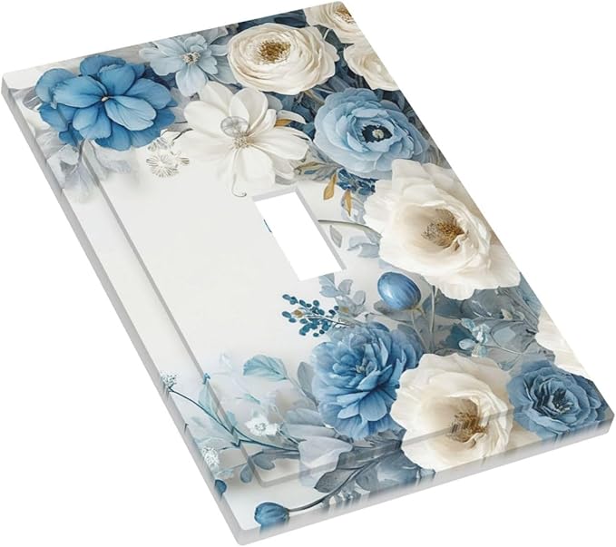 Decorative Light Switch Cover Blue Rose White Flowers Rustic Floral 1 Gang Wall Plate Oversized Single Toggle Wall Cover Jumbo Electrical Switchplate Face