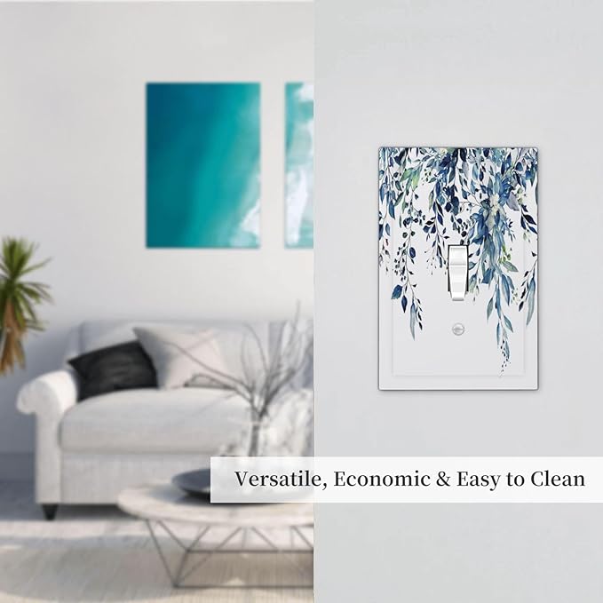 Blue Eucalyptus Watercolor Leaves 1 Gang Light Switch Cover Decorative Green Plant Single Toggle Wall Plate Switchcovers Electrical Switchplate Home Decor for Bathroom Living Room Bedroom Decorate