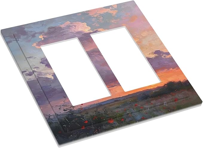 Abstract Sunset Dusk Natural Scenery Wild Flowers Decorative Outlet Covers 2 Gang Double GFCI Rocker Electrical Wall Panels Light Switch Cover Plate for Farmhouse Bedroom Decor