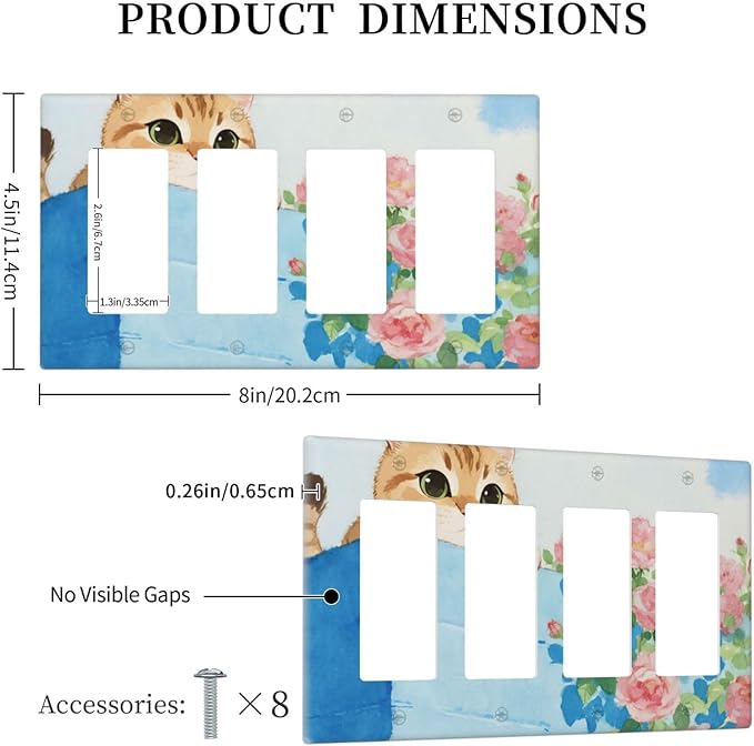 Cat Flower Quad Rocker Wall Plate Decorative 4 Gang Light Switch Covers Electrical Switchplate Home Decorate Faceplat for Bathroom Bedroom Kitchen Room 4.5 x 8 Inch