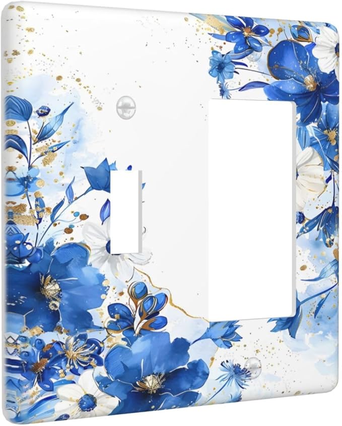Klein Blue Flowers Watercolor Golden White Floral Outlet Covers 1 Toggle 1 Rocker Combination Decorative Wall Plate Electrical Switch Plates Light Switch Cover Plate for Bedroom Living Room Decor