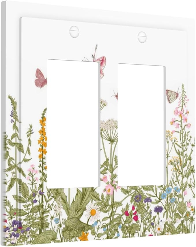 Colorful Butterfly Floral Plants Flower Vine Decorative Outlet Covers 2 Gang Double GFCI Rocker Electrical Wall Panels Light Switch Cover Plate for Bed Room Living Room Decor