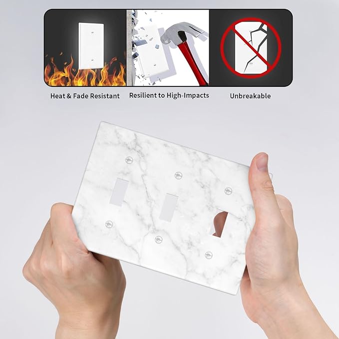 Faux White Marble Printed Light Switch Cover Plates Decorative Triple Toggle Wall Plate, 3 Gang Lightswitch Cover