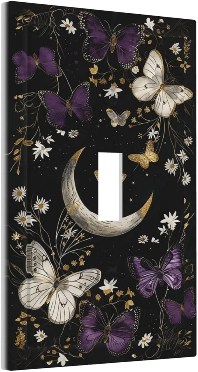 Decorative Light Switch Cover Plate Boho Crescent Moon Butterfly 1 Gang Single Toggle Wall Plate Electrical Outlet Covers Decorate Switch Plate Cover for Bedroom Home Decor
