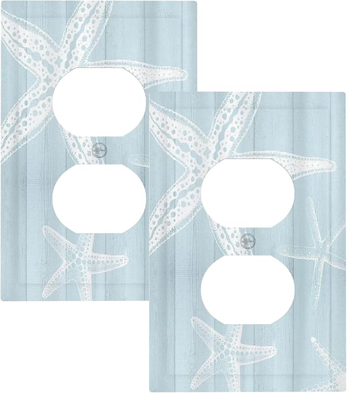 Outlet Covers Blue Wooden Plank Starfish Ocean Vintage 1 Gang Duplex Light Switch Cover Plate Decorative Wall Plates Electrical Switchplate Receptacle for Bathroom Bedroom Decor（2 Pack）