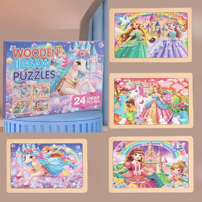 jWooden Puzzle for Kids 4-6 Years Old, 4 Pack of 24 Pieces Unicorn Princess Fairy Puzzle, Preschool Education Brain Teaser Toy for 3 4 5 6 Year Old Girls.
