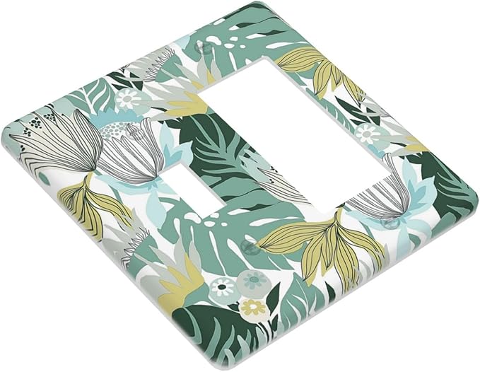 Retro Tropical Leaves 2 Gang Toggle Rocker Combo Wall Plates Decorative GFCI Device Outlet Cover Receptacle Electrical Faceplate Switchplate for Bedroom Bathroom Kitchen Decor