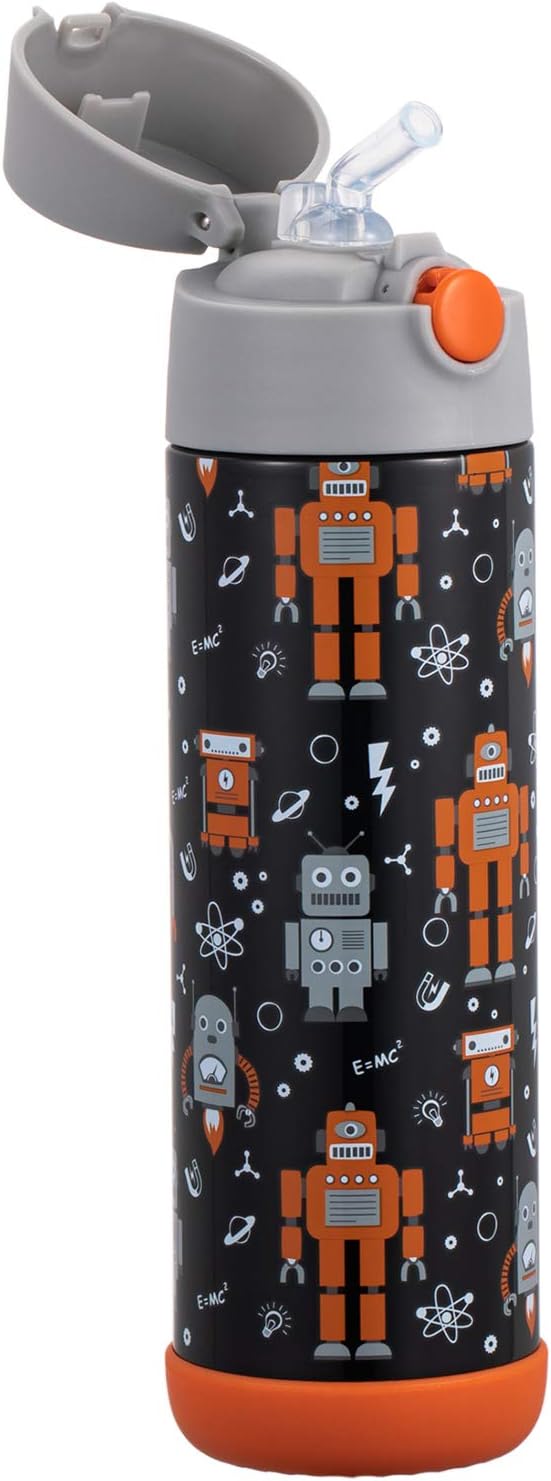 Snug Insulated Kids Water Bottle with Straw & Spout – Double-Wall Stainless Steel, Leakproof, Easy-Flip Lid – For School, Travel, Toddlers & Big Kids - Robots, 17oz