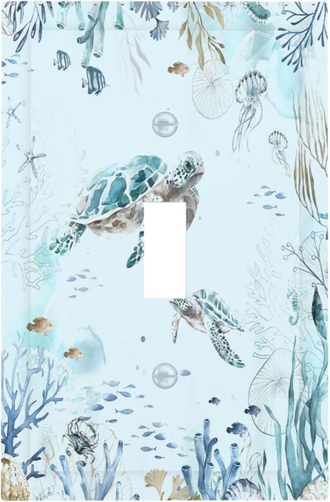 Decorative Light Switch Cover Teal Blue Ocean Sea Turtle Seabed Plants 1 Gang Single Toggle Decorator Outlet Wall Plate Device Electrical Faceplate Switchplates for Bathroom Kids room Decor