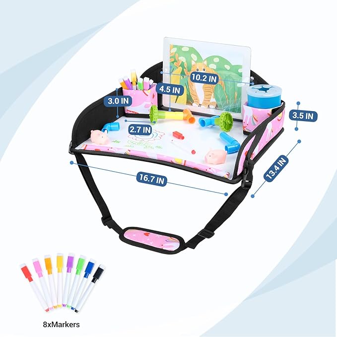 COOLBEBE Kids Travel Tray for Toddler Car Seat, Travel Tray for Airplane, Lap Tray, Carseat Table Tray for Kids, Pink Unicorn, 2 Pack