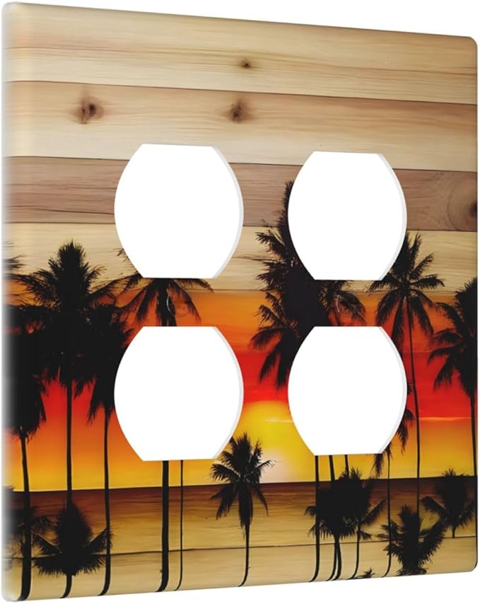 Sunset Beach Coconut Palm Tree Wooden Background Outlet Covers 2 Gang Double Duplex Decorative Light Switch Covers Electrical Wallplates Socket Faceplate for Bedroom Living Room Decor