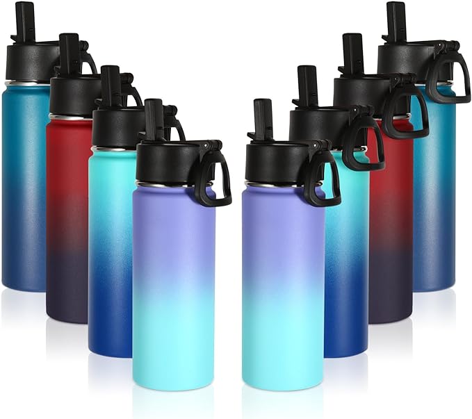 Volhoply 18oz Insulated Water Bottle Bulk 4 Pack,Kids Stainless Steel Water Bottles with Straw,Double Wall Vacuum Reusable Metal Bottle,Wide Mouth Sports Flask For Cold Drink(Assorted,8 Set)