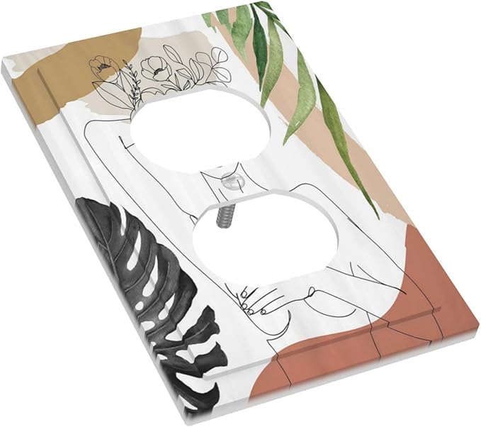 Mid Century Abstract Women Lady Boho Palm Leaf 1 Gang Outlet Plate Decorative Single Duplex Wall Plate Covers Unique Electrical Receptacle Light Switch Cover Art Faceplate Switchplate for Bedroom