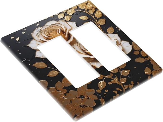 Decorative Outlet Covers Big Golden White Roses Glod Leaves Black Background 2 Gang Wall Plate Double Rocker Switch Light Switch Plate Covers Jumbo Dual Electrical GFCI Switch Cover