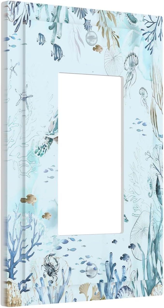 Decorative Outlet Covers Teal Blue Ocean Sea Turtle Seabed Plants 1 Gang Single Rocker Light Switch Cover Plate Wall Plates GFCI Faceplate for Bathroom Kids room Decor