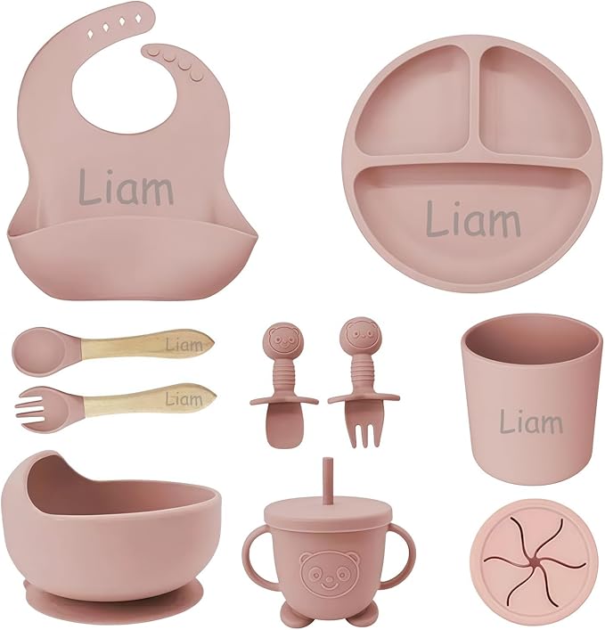 Personalized Silicone Suction Plates for Baby，Custom Toddlers Spoon and Fork, Baby Feeding Set with Name,Baby Birthday Gift for Boy & Girl (Light Pink)