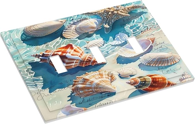 Decorative Switch Plates Ocean Waves Starfish Conch Scallop Shell 3 Gang Wall Plate Triple Toggle Light Switch Cover Faceplate Electrical Wall Panels For Kids Room Nursery Decor