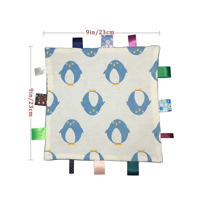 Lovey Baby Soft Plush Taggy Blanket - Minky Dot Comfort Appese Towel, Penguin Pattern, Newborn Toddler Gift, 9 x 9 inches - Blue