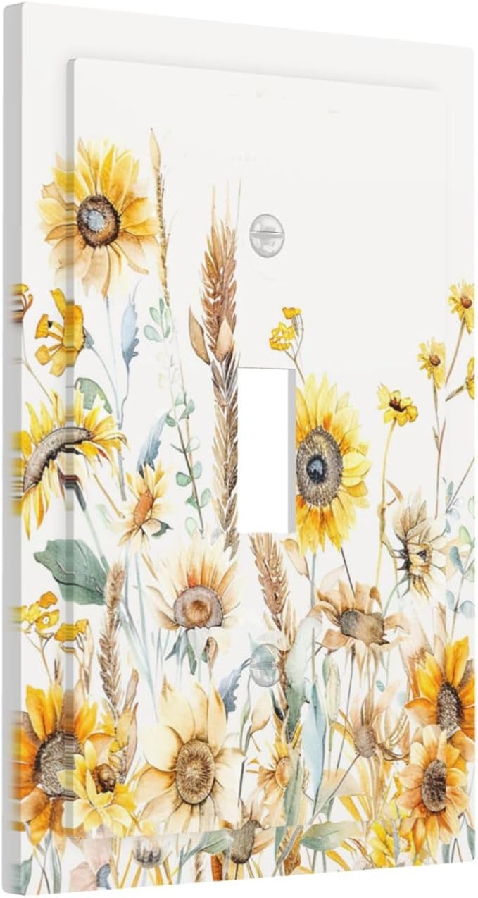 Yellow Floral Sunflowers Wheat Ears Watercolor Wild Flowers Decorative Light Switch Cover 1 Gang Single Toggle Device Electrical Faceplate Switchplates Decorator Outlet Wall Plate for Bedroom Home