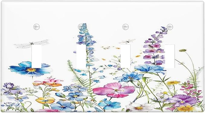Light Switch Covers Boho Colorful Flowers Plants And Dragonflies Quad Toggle 4 Gang Wall Plate Electrical Faceplate Decorative Switch Plates for Bedroom living Room Decor