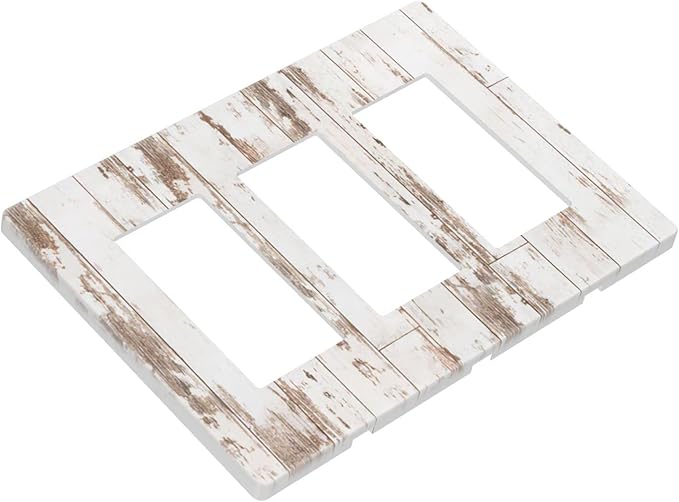 White Grey Wood 3 Gang Triple Rocker/Decor Light Switch Wall Plate Cover Decorative Electrical Faceplate for Kids Living Room Bedroom Decor Screwless 6.57" x 4.65